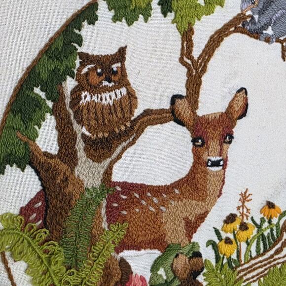 Vintage 1984 “Babes in the Wood” Needlepoint Crewel Framed Woodland Art, 21x21 - Picture 4 of 8